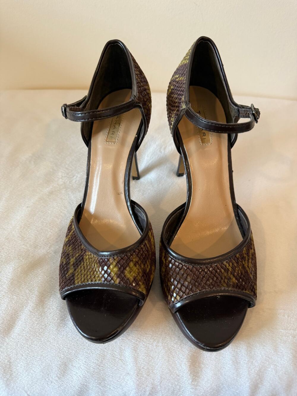 Tahari Marsha Stiletto Heel Women's Size 8.5M Brown Leather Snakeskin Peep Toe